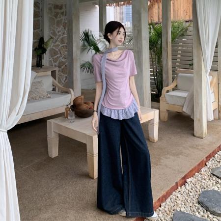 BY12647# 纯欲假两件拼接格纹温柔风荡领不规则配丝巾短袖T恤修身显瘦百搭 服裝批發女裝批發服飾貨源