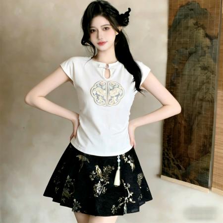 BY12648# 新款国风盘扣刺绣高端修身T恤+百搭显瘦遮胯织金马面半身裙 服裝批發女裝批發服飾貨源
