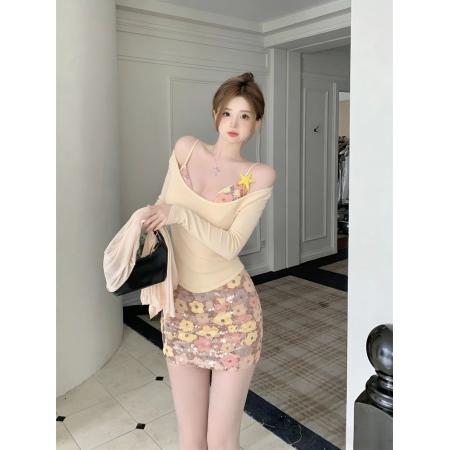 BY12649# 大码辣妹穿搭套装女早春新款针织拼接上衣短裙两件套 服裝批發女裝批發服飾貨源