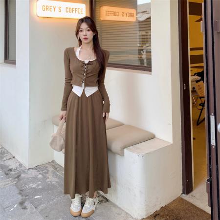 BY12650# 大码修身辣妹套装裙女春季新款挂脖背心+系带小衫外套+高腰半身裙 服裝批發女裝批發服飾貨源