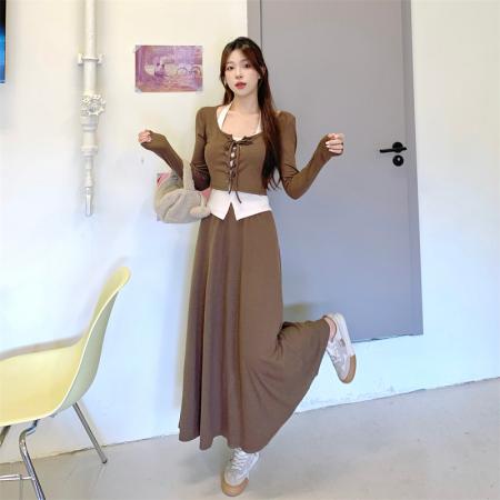 BY12650# 大码修身辣妹套装裙女春季新款挂脖背心+系带小衫外套+高腰半身裙 服裝批發女裝批發服飾貨源