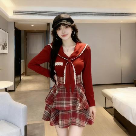 BY12651# 微胖法式海军领蝴蝶结修身上衣+毛呢格子束腰裙两件套 服裝批發女裝批發服飾貨源