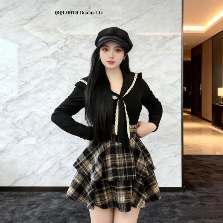 BY12651# 微胖法式海军领蝴蝶结修身上衣+毛呢格子束腰裙两件套 服裝批發女裝批發服飾貨源