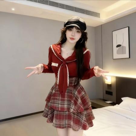BY12651# 微胖法式海军领蝴蝶结修身上衣+毛呢格子束腰裙两件套 服裝批發女裝批發服飾貨源