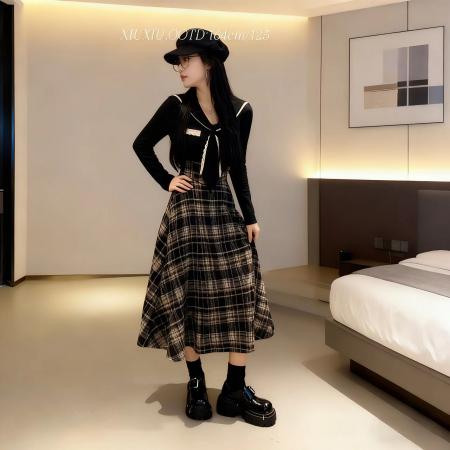 BY12651# 微胖法式海军领蝴蝶结修身上衣+毛呢格子束腰裙两件套 服裝批發女裝批發服飾貨源