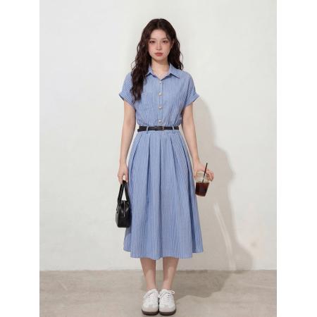 BY12657# 大码女装夏季新款百搭显瘦文艺蓝色连衣裙面试通勤法式裙子 服裝批發女裝批發服飾貨源