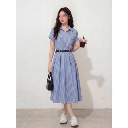 BY12657# 大码女装夏季新款百搭显瘦文艺蓝色连衣裙面试通勤法式裙子 服裝批發女裝批發服飾貨源