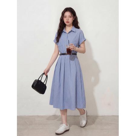 BY12657# 大码女装夏季新款百搭显瘦文艺蓝色连衣裙面试通勤法式裙子 服裝批發女裝批發服飾貨源