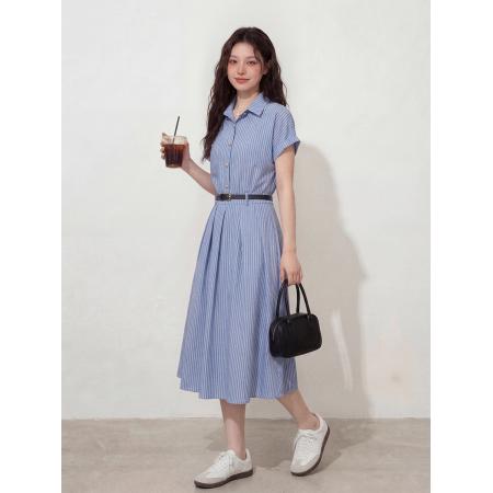 BY12657# 大码女装夏季新款百搭显瘦文艺蓝色连衣裙面试通勤法式裙子 服裝批發女裝批發服飾貨源