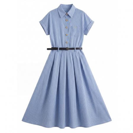 BY12657# 大码女装夏季新款百搭显瘦文艺蓝色连衣裙面试通勤法式裙子 服裝批發女裝批發服飾貨源