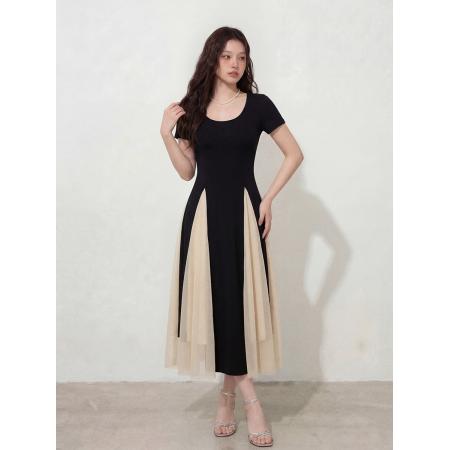 BY12658# L-4XL大码女装夏季氛围感设计感拼网纱连衣裙胖MM显瘦裙女 服裝批發女裝批發服飾貨源