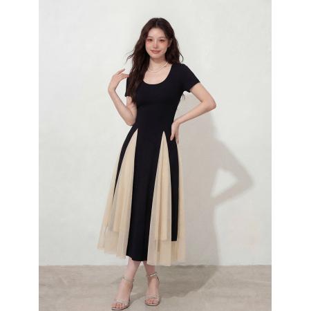 BY12658# L-4XL大码女装夏季氛围感设计感拼网纱连衣裙胖MM显瘦裙女 服裝批發女裝批發服飾貨源