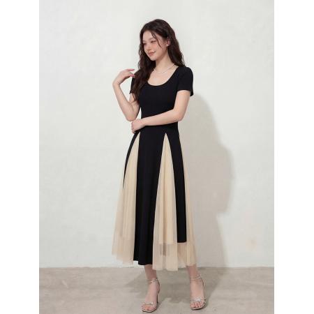 BY12658# L-4XL大码女装夏季氛围感设计感拼网纱连衣裙胖MM显瘦裙女 服裝批發女裝批發服飾貨源