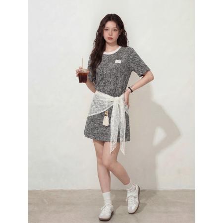 BY12659# 大码女装潮流休闲小香风黑灰肌理感正肩T三角巾半裙套装女 服裝批發女裝批發服飾貨源