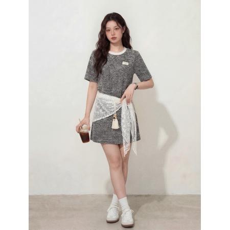 BY12659# 大码女装潮流休闲小香风黑灰肌理感正肩T三角巾半裙套装女 服裝批發女裝批發服飾貨源