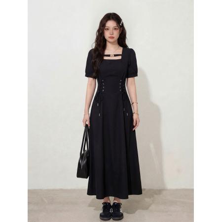 BY12660# 大码女装法式短袖连衣裙女夏季胖MM收腰显瘦黑色牛仔连衣裙 服裝批發女裝批發服飾貨源