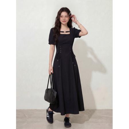 BY12660# 大码女装法式短袖连衣裙女夏季胖MM收腰显瘦黑色牛仔连衣裙 服裝批發女裝批發服飾貨源