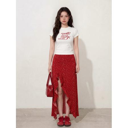 BY12661# L-4XL大码女装白色T恤短袖+夏季红色开叉花边裙摆长裙两件套 服裝批發女裝批發服飾貨源