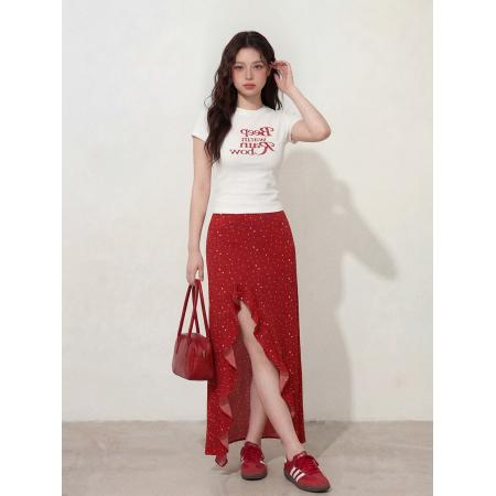 BY12661# L-4XL大码女装白色T恤短袖+夏季红色开叉花边裙摆长裙两件套 服裝批發女裝批發服飾貨源