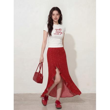 BY12661# L-4XL大码女装白色T恤短袖+夏季红色开叉花边裙摆长裙两件套 服裝批發女裝批發服飾貨源