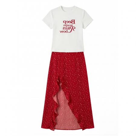 BY12661# L-4XL大码女装白色T恤短袖+夏季红色开叉花边裙摆长裙两件套 服裝批發女裝批發服飾貨源