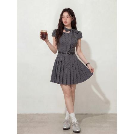 BY12662# 大码女装富家千金风灰色波点连衣裙蝴蝶结设计感甜美收腰短裙 服裝批發女裝批發服飾貨源