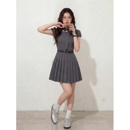 BY12662# 大码女装富家千金风灰色波点连衣裙蝴蝶结设计感甜美收腰短裙 服裝批發女裝批發服飾貨源