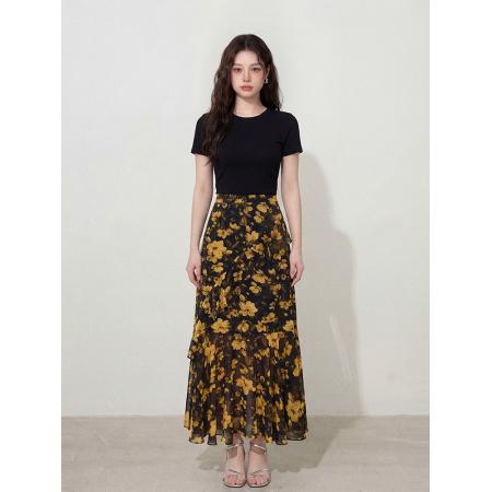 BY12663# ～大码女装后背绑带镂空修身T+飘逸雪纺半身裙两件套套装胖MM 服裝批發女裝批發服飾貨源