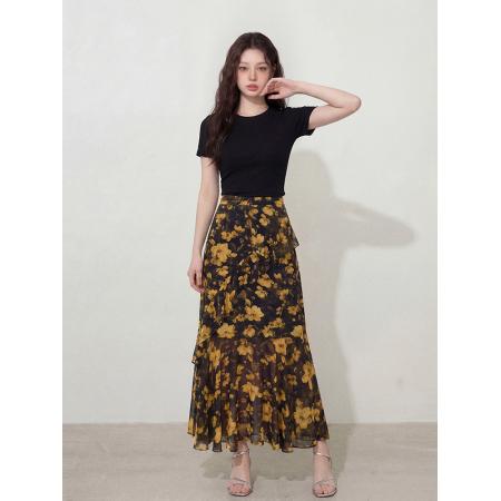 BY12663# ～大码女装后背绑带镂空修身T+飘逸雪纺半身裙两件套套装胖MM 服裝批發女裝批發服飾貨源