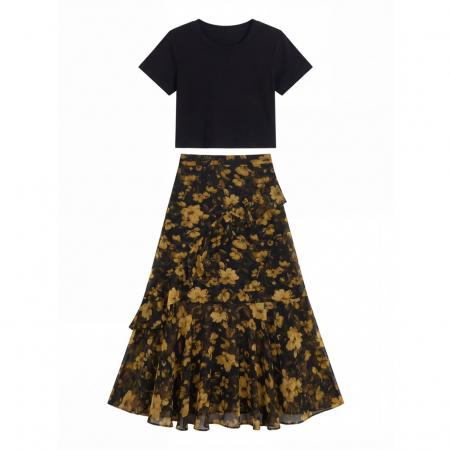 BY12663# ～大码女装后背绑带镂空修身T+飘逸雪纺半身裙两件套套装胖MM 服裝批發女裝批發服飾貨源