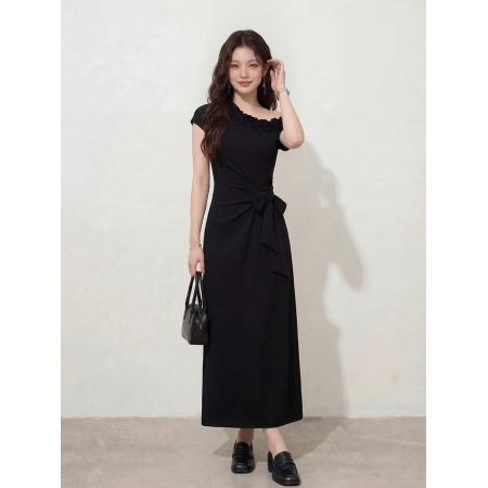 BY12664# 大码女装松弛感高级感拼接木耳边斜肩绑带针织连衣裙胖MM女 服裝批發女裝批發服飾貨源