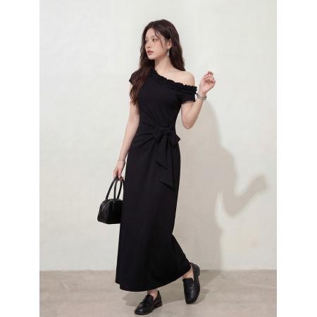 BY12664# 大码女装松弛感高级感拼接木耳边斜肩绑带针织连衣裙胖MM女 服裝批發女裝批發服飾貨源