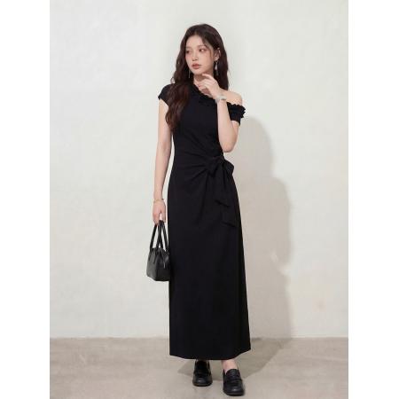 BY12664# 大码女装松弛感高级感拼接木耳边斜肩绑带针织连衣裙胖MM女 服裝批發女裝批發服飾貨源