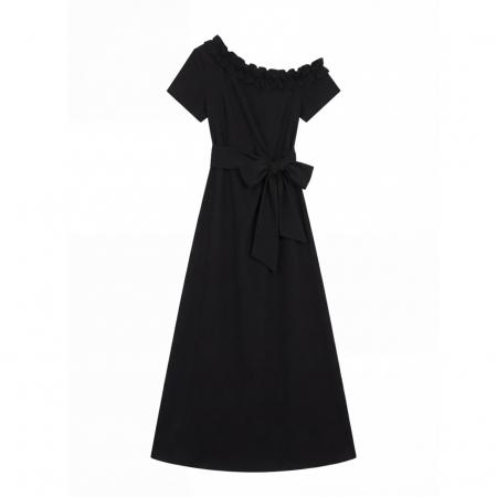 BY12664# 大码女装松弛感高级感拼接木耳边斜肩绑带针织连衣裙胖MM女 服裝批發女裝批發服飾貨源