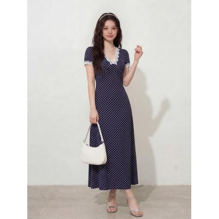 BY12665# ～大码女装复古拼接蕾丝V领气质连衣裙胖MM波点印花短袖长裙 服裝批發女裝批發服飾貨源