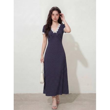 BY12665# ～大码女装复古拼接蕾丝V领气质连衣裙胖MM波点印花短袖长裙 服裝批發女裝批發服飾貨源