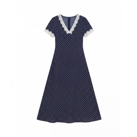 BY12665# ～大码女装复古拼接蕾丝V领气质连衣裙胖MM波点印花短袖长裙 服裝批發女裝批發服飾貨源