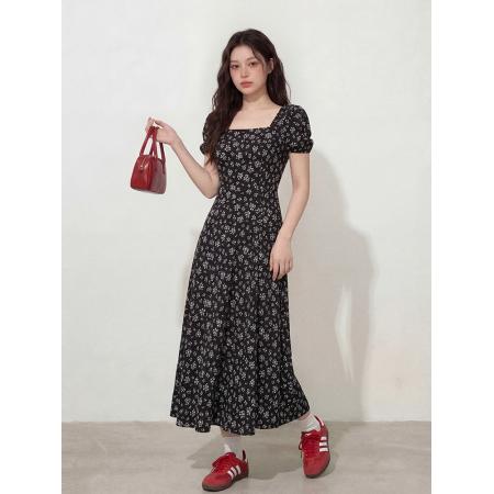 BY12666# 大码女装法式复古方领月光繁花连衣裙胖MM藏肉显瘦开叉裙女 服裝批發女裝批發服飾貨源