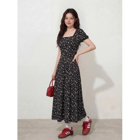 BY12666# 大码女装法式复古方领月光繁花连衣裙胖MM藏肉显瘦开叉裙女 服裝批發女裝批發服飾貨源