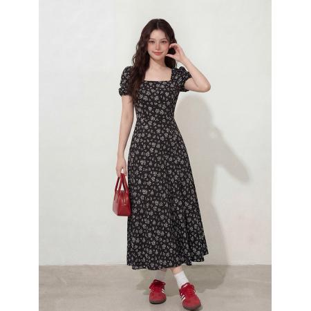 BY12666# 大码女装法式复古方领月光繁花连衣裙胖MM藏肉显瘦开叉裙女 服裝批發女裝批發服飾貨源