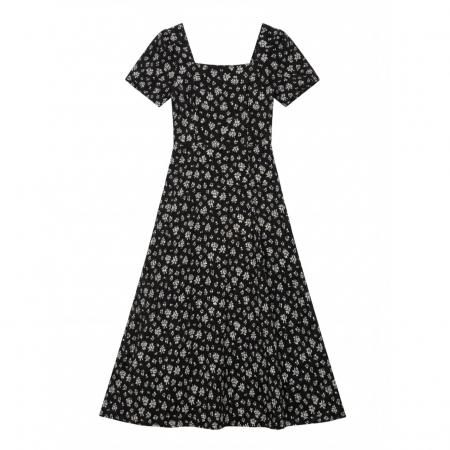 BY12666# 大码女装法式复古方领月光繁花连衣裙胖MM藏肉显瘦开叉裙女 服裝批發女裝批發服飾貨源