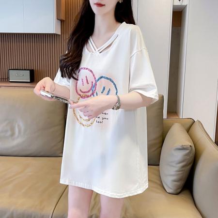 BY12667# 夏季100棉大码胖mm上衣V领短袖T恤女 服裝批發女裝批發服飾貨源