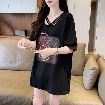 BY12667# 夏季100棉大码胖mm上衣V领短袖T恤女 服裝批發女裝批發服飾貨源