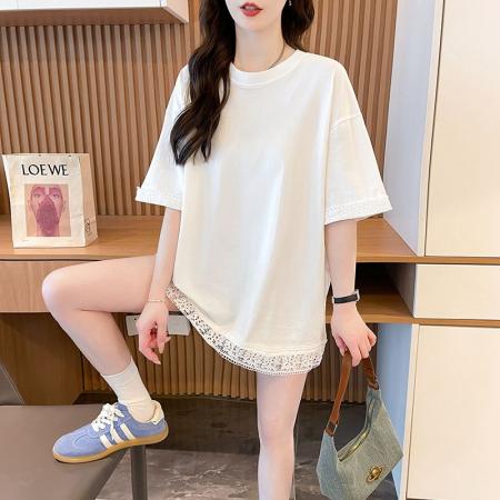 BY12670# 夏季21支超爽棉中长款蕾丝短袖T恤女 服裝批發女裝批發服飾貨源