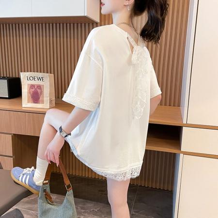 BY12670# 夏季21支超爽棉中长款蕾丝短袖T恤女 服裝批發女裝批發服飾貨源