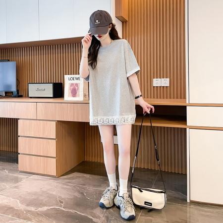 BY12670# 夏季21支超爽棉中长款蕾丝短袖T恤女 服裝批發女裝批發服飾貨源