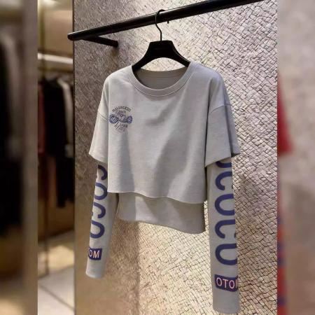 BY12674# 美式灰色假两件上衣女早春气质个性百搭休闲简约时尚高级长袖 服裝批發女裝批發服飾貨源