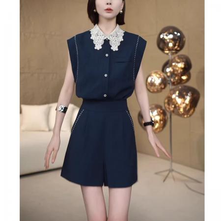 BY12675# 时尚休闲套装夏季新款洋气显瘦设计感翻领上衣高腰短裤两件套 服裝批發女裝批發服飾貨源