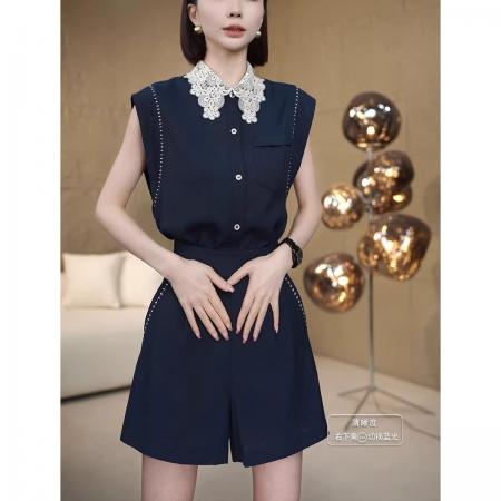 BY12675# 时尚休闲套装夏季新款洋气显瘦设计感翻领上衣高腰短裤两件套 服裝批發女裝批發服飾貨源