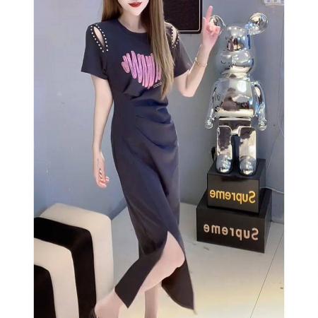 BY12676# 夏季大码显瘦气质开衩A字裙子女新款时尚露肩亮片短袖连衣裙 服裝批發女裝批發服飾貨源